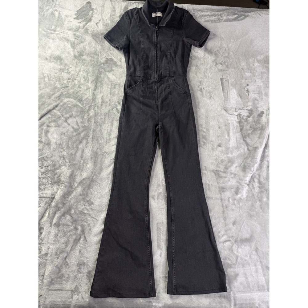 We The Free Flare Leg Denim Jumpsuit Jayde Womens S Black Short Sleeve Stretch